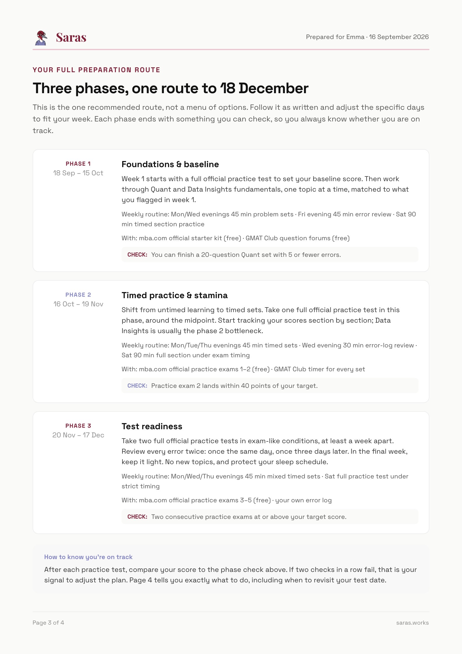 Sample report page: phased preparation plan and daily loop