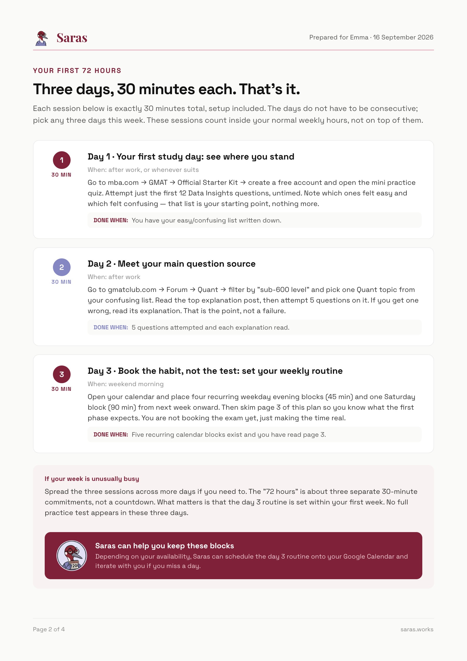 Sample report page: diagnostic score, target fit and next action
